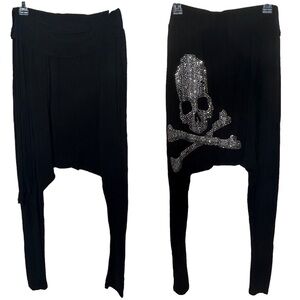 3 Queen Black Fringe Rhinestone Skull Parachute Pants